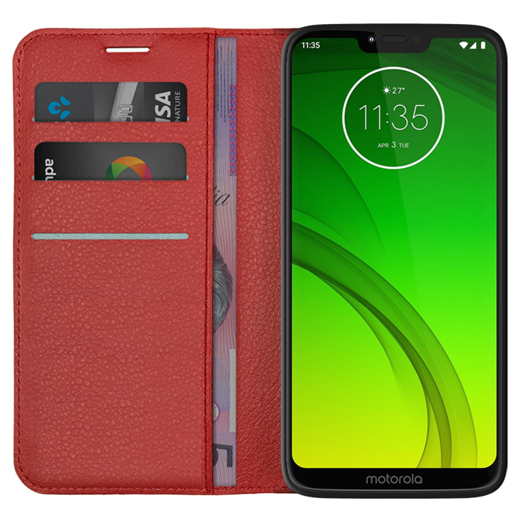 Leather Wallet Case For Motorola Moto G7 Power Red 4111